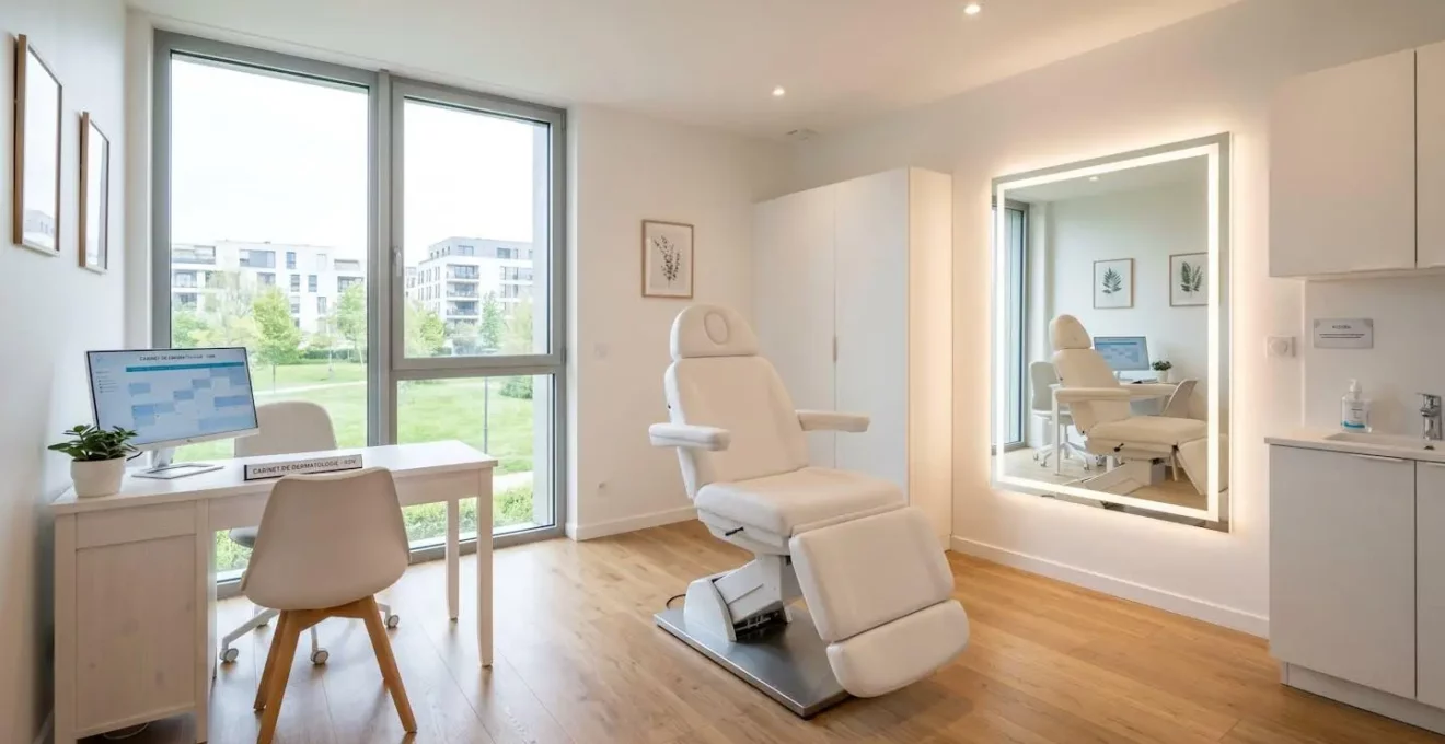 Cabinet médical de consultation moderne et lumineux avec fauteuil d'examen, grand miroir mural et lumière naturelle venant d'une large fenêtre