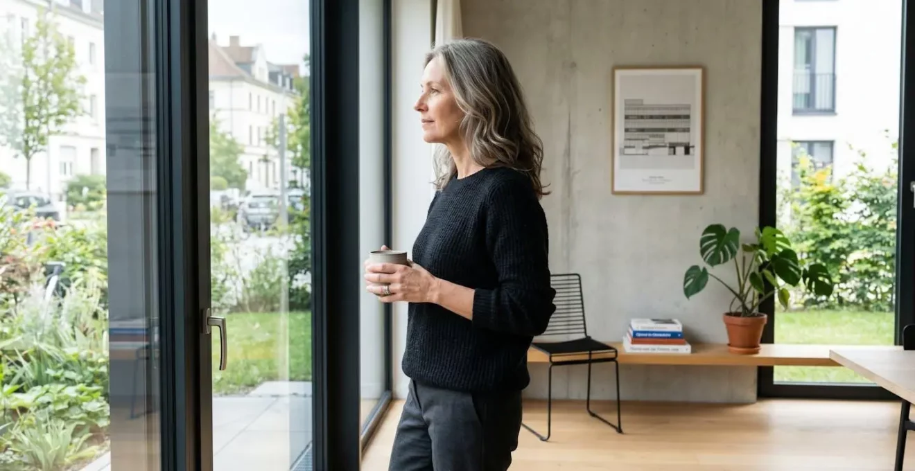 Femme élégante d'une cinquantaine d'années de profil près d'une fenêtre dans un intérieur contemporain lumineux