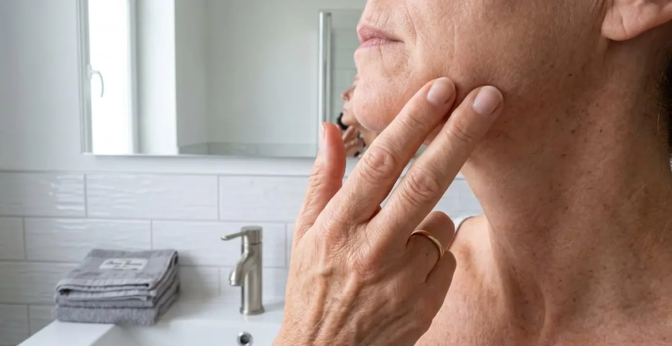 Gros plan d'une main féminine touchant délicatement la ligne de la mâchoire devant un miroir dans une salle de bain moderne